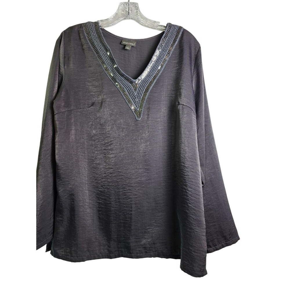 Roz & Ali Womens Large Gray Long Sleeve V-Neck Blouse With Sequin Embellishments